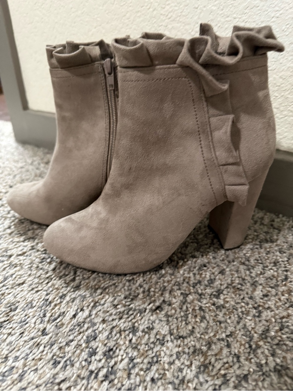 Ruffled Suede Ankle Bootie in Taupe